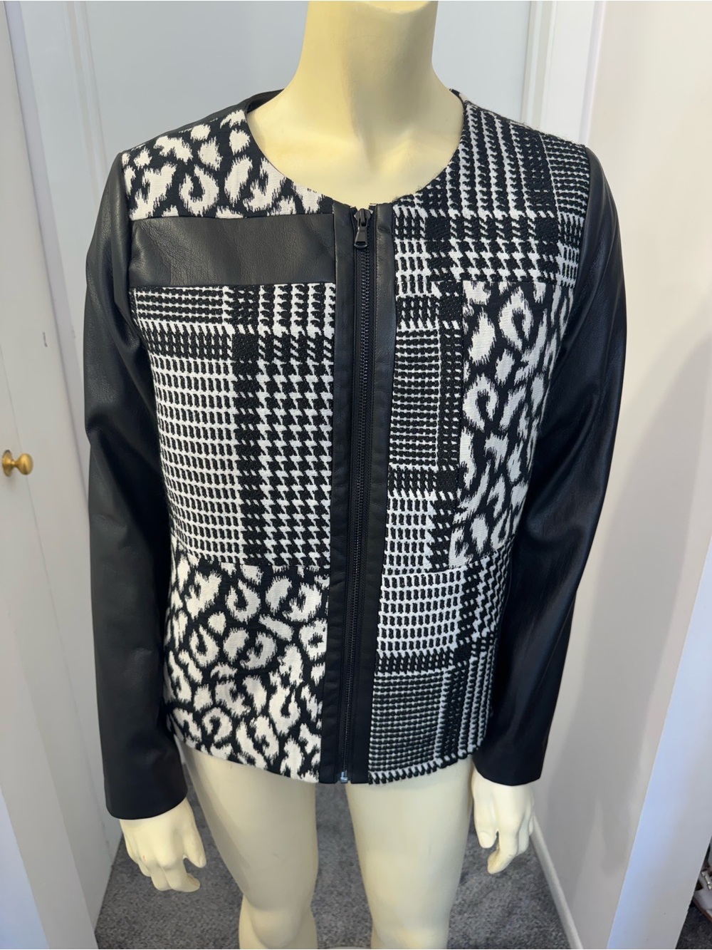 Chico's Black & White Patchwork Zip-Front Jacket .